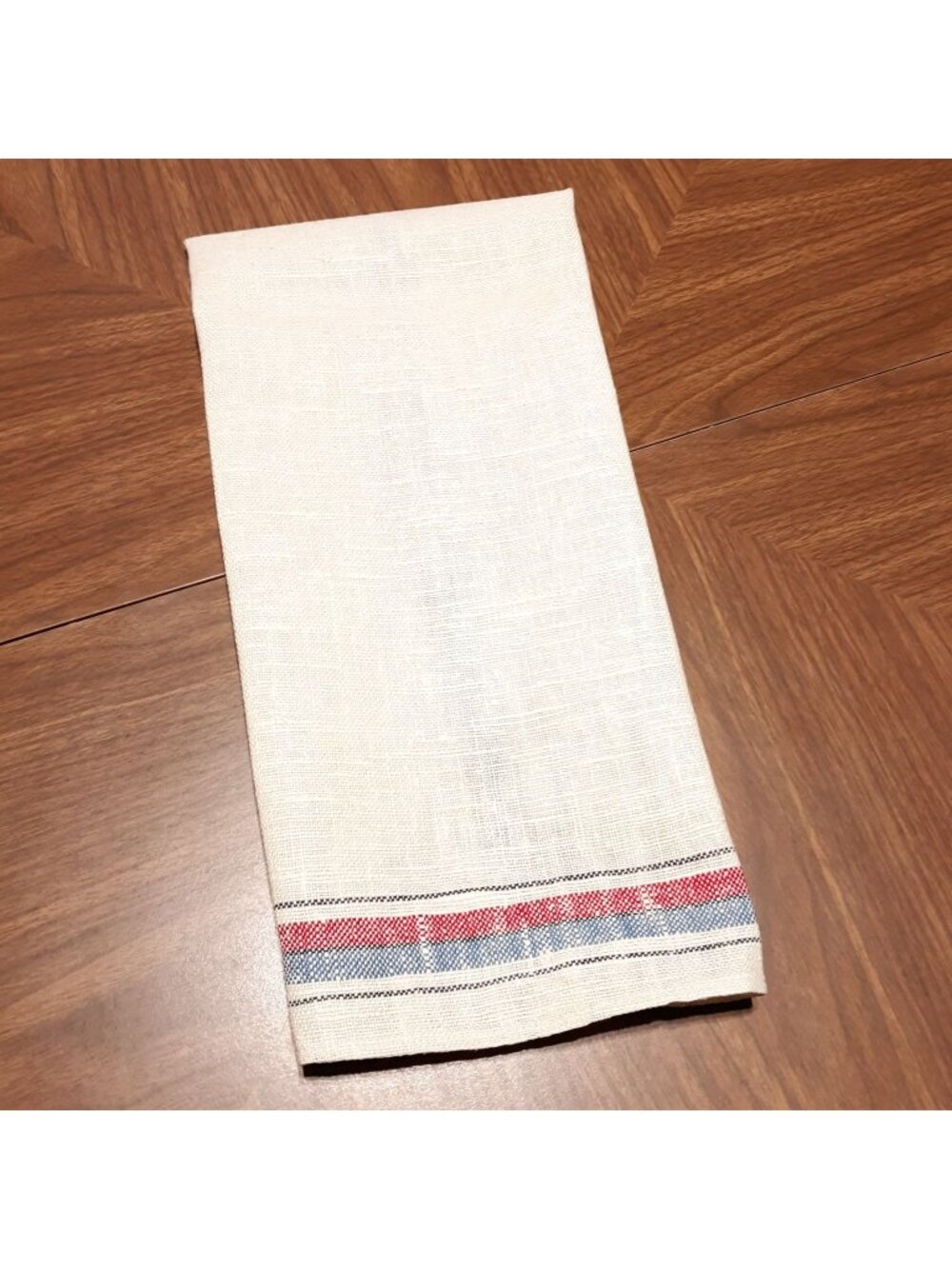 Vintage Stevens Linen Tea Towel Red Blue Stripes Rustic Farmhouse Granny 28x16
